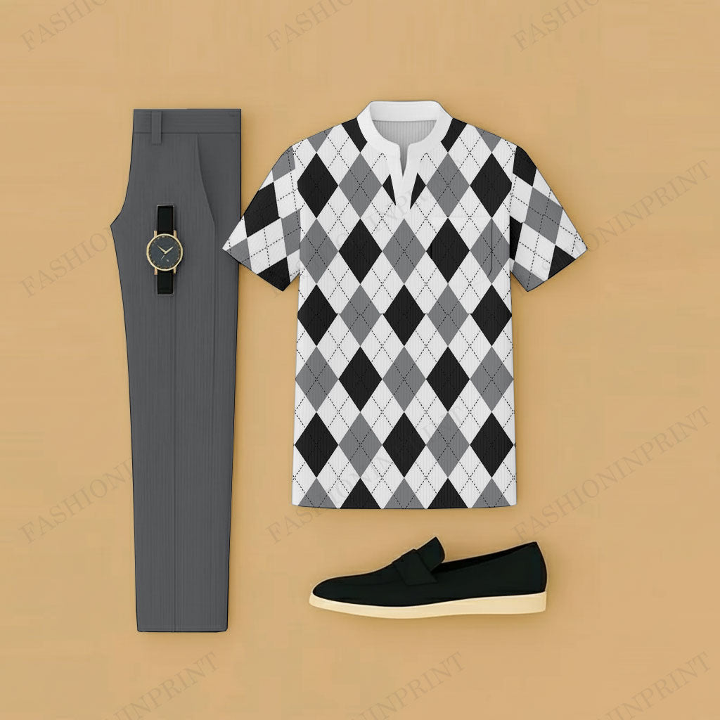 Men's Casual Black &  White Rhombus Printed Short-Sleeve T-Shirt And Pants Two-Piece Set