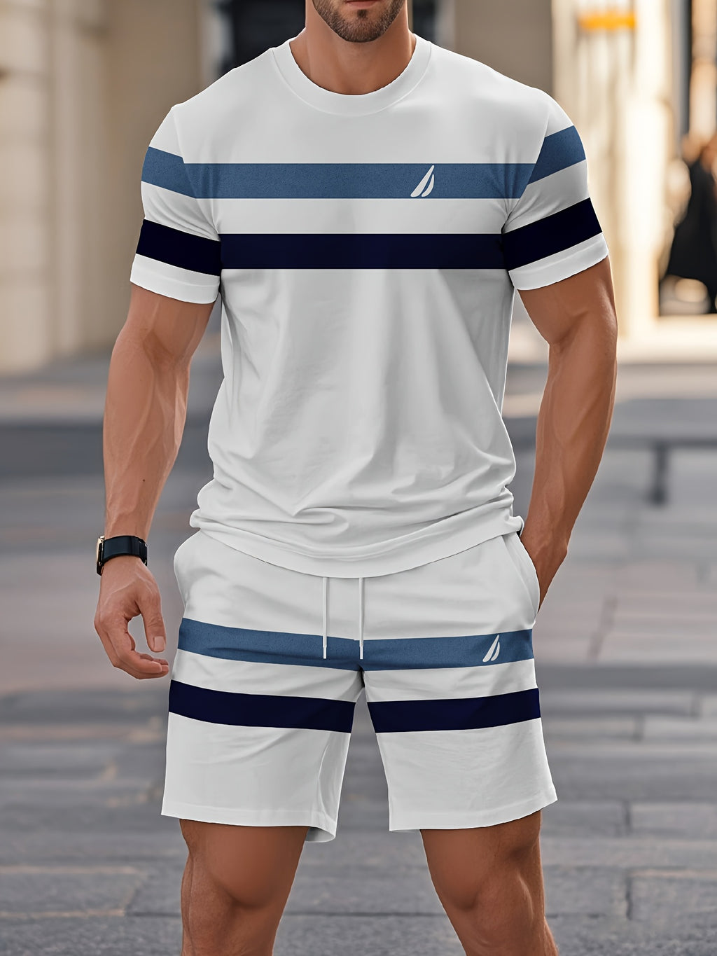 Men's Summer Striped Print Round Neck Set 939