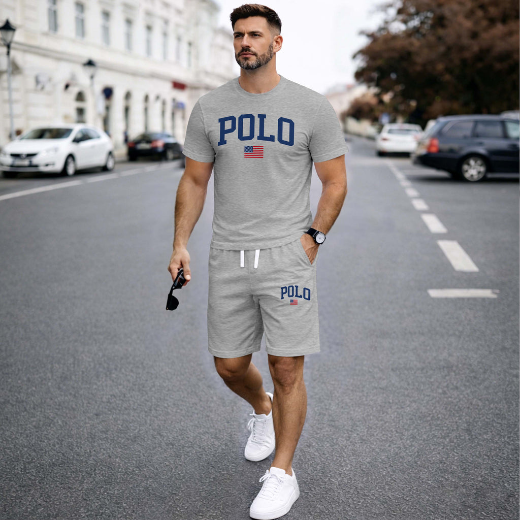 Men’s Summer 2 Piece Set, Flag Usa Letter Print Short Sleeve T Shirt and Drawstring Shorts Matching Outfit, Lightweight Breathable Casual Set for Travel, Streetwear, Beach, Vacation, and Daily Wear