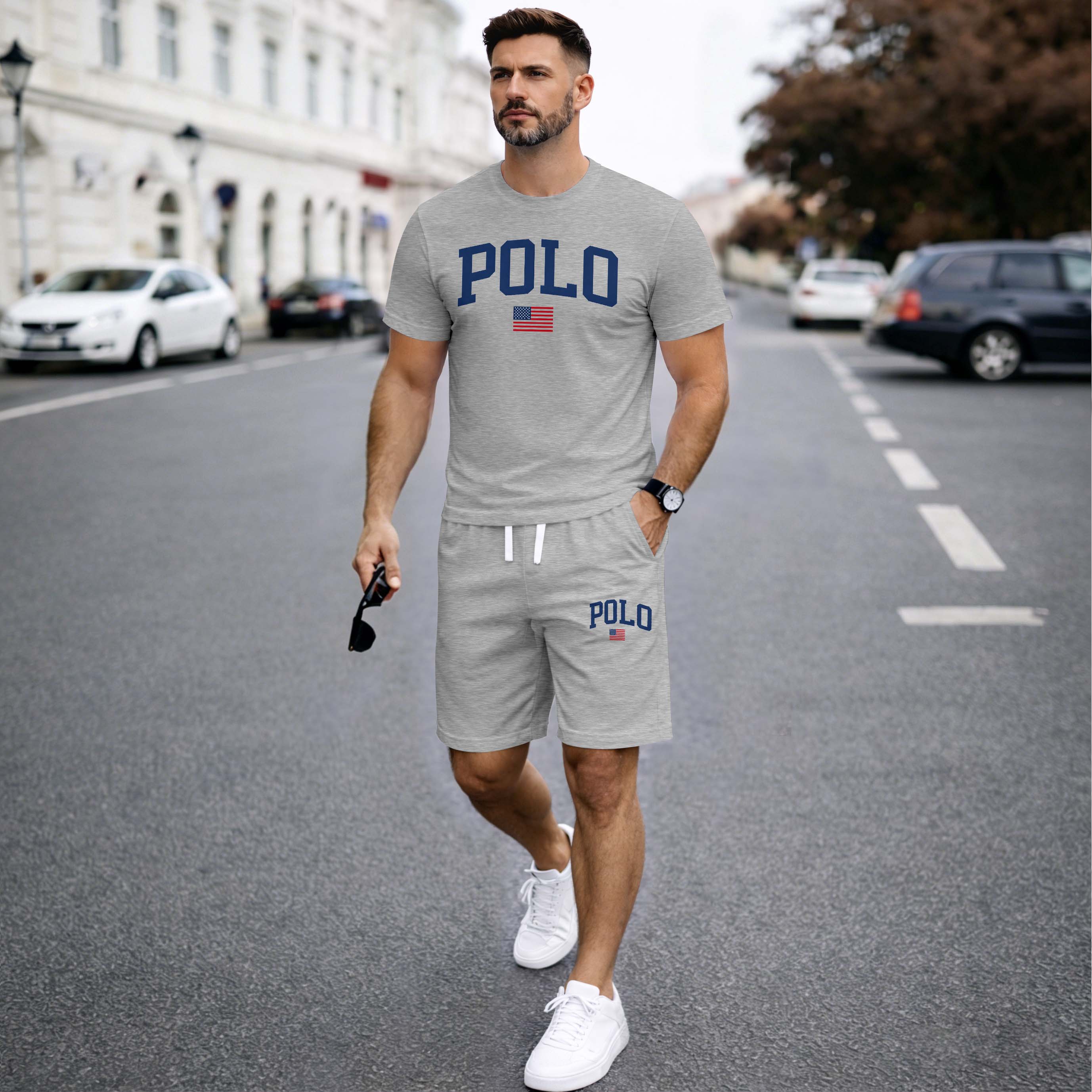 Men’s Summer 2 Piece Set, Flag Usa Letter Print Short Sleeve T Shirt and Drawstring Shorts Matching Outfit, Lightweight Breathable Casual Set for Travel, Streetwear, Beach, Vacation, and Daily Wear