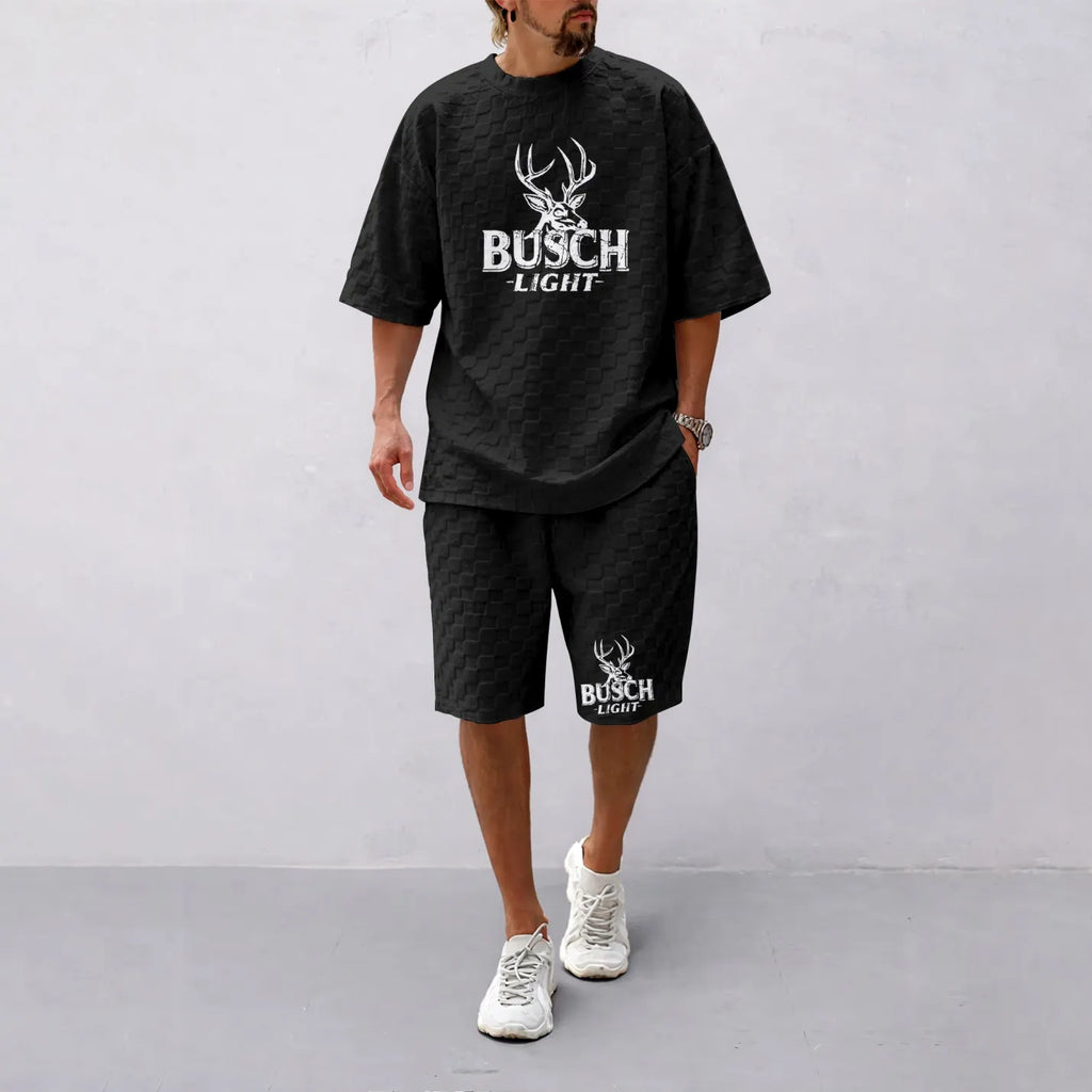 Men's Spring And Summer Light Beer Print With Red And Black Line Checkered Fabric Drawstring Shorts Set, Casual Summer Outfit With Short-Sleeved Shirt And Shorts, Ideal For Everyday Wear And Sports Activities