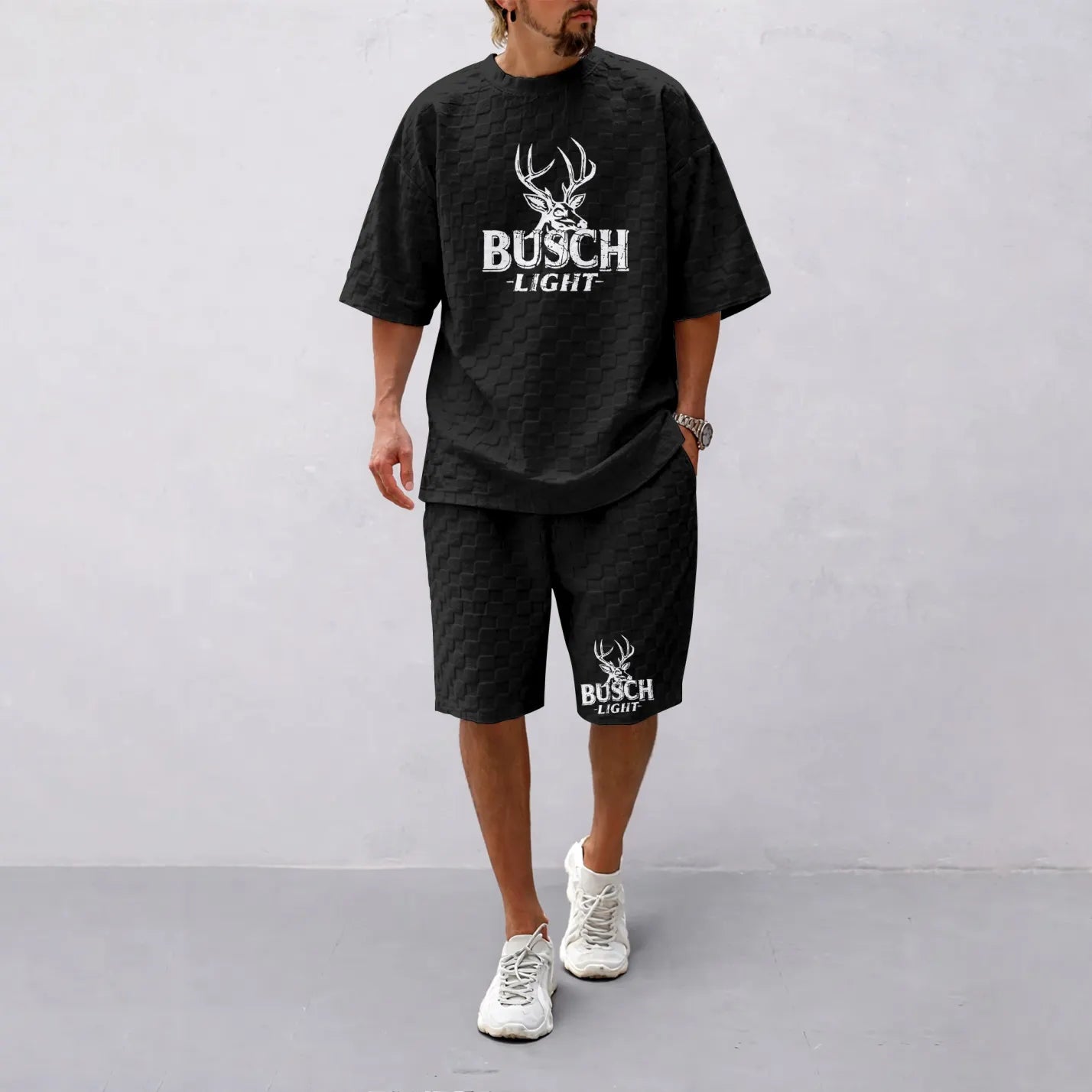 Men's Spring And Summer Light Beer Print With Red And Black Line Checkered Fabric Drawstring Shorts Set, Casual Summer Outfit With Short-Sleeved Shirt And Shorts, Ideal For Everyday Wear And Sports Activities