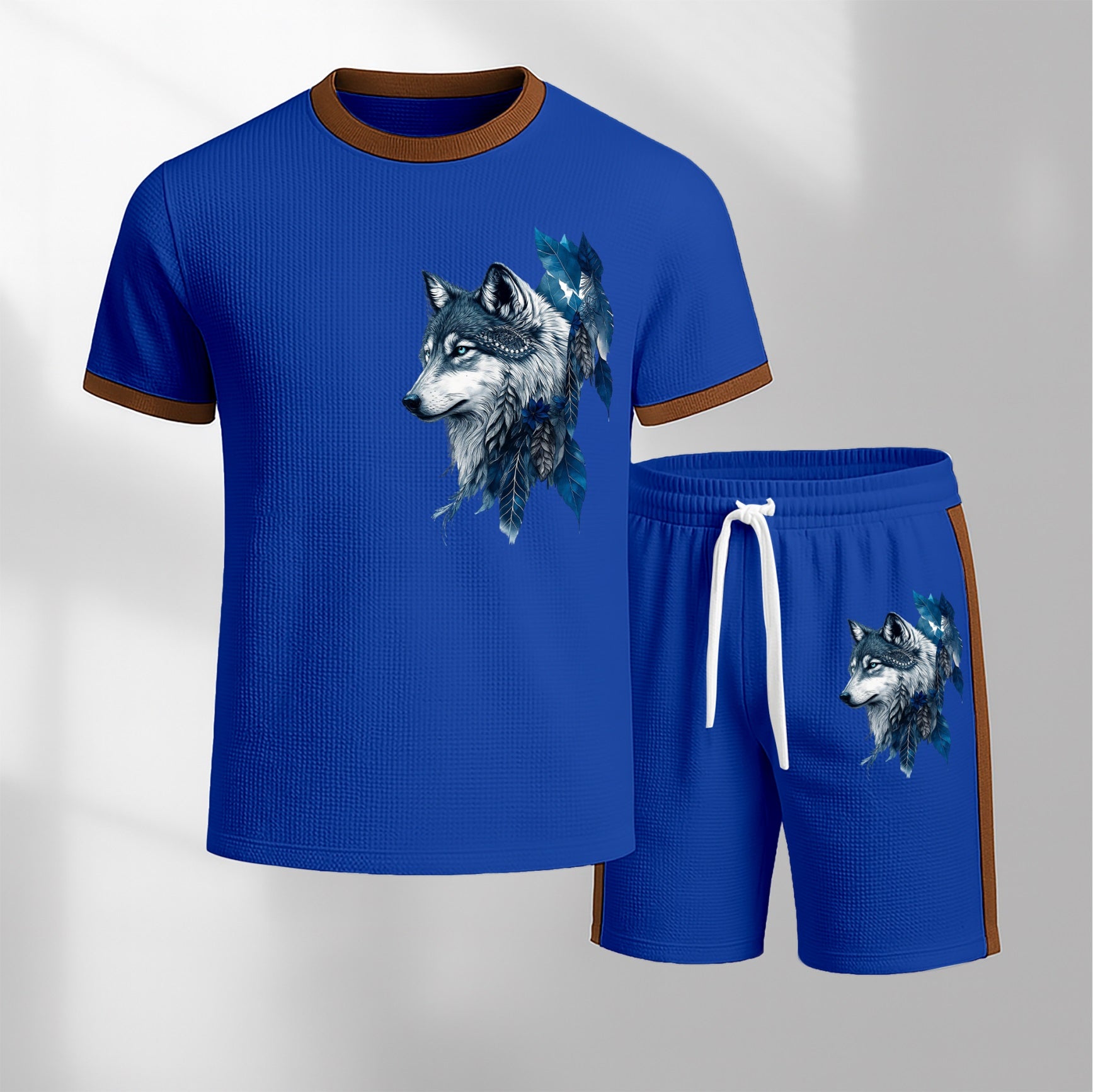 Men's Wolf King Pattern Short-Sleeve T-Shirt and Drawstring Shorts Set, Men's Clothing, Casual Sportswear Short-Sleeve Top and Shorts, Summer Men's Everyday Wear, Indoor and Outdoor Sportswear, Sports Set