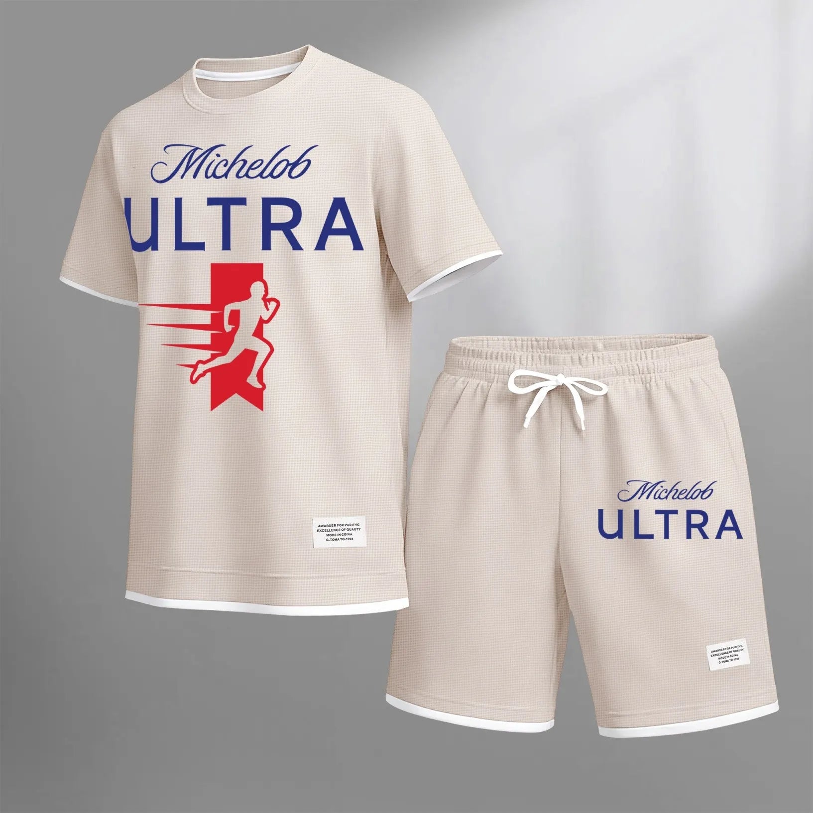 Men's vintage beverage print drawstring shorts set, suitable for spring and summer wear. This casual summer set includes a short-sleeved shirt and shorts, perfect for everyday wear and sports. Two-piece set design.