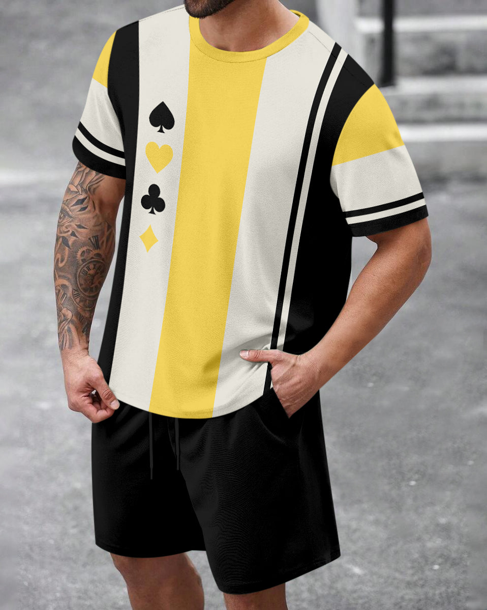 Men's Summer Colorblock Printed Round Neck Set 474