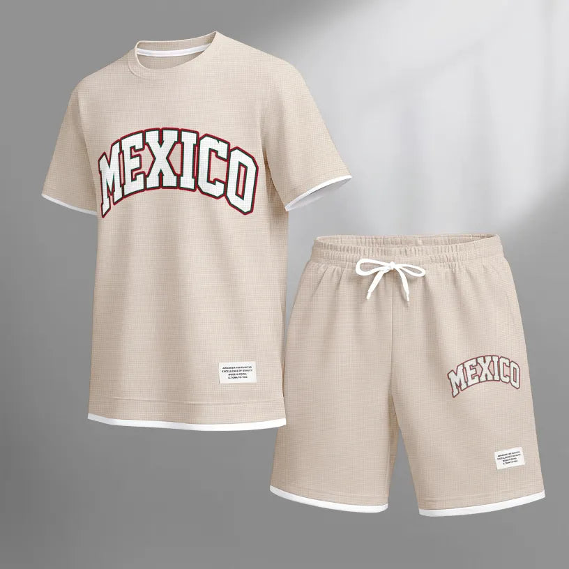 Men's Casual Style MEXICO Print Waffle Fabric Short-Sleeved Shirt And Shorts Set