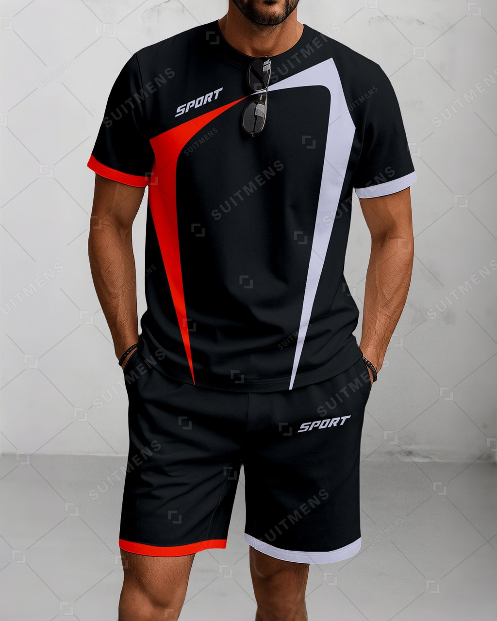 Men's Summer Colorblock Printed Round Neck Suit 057