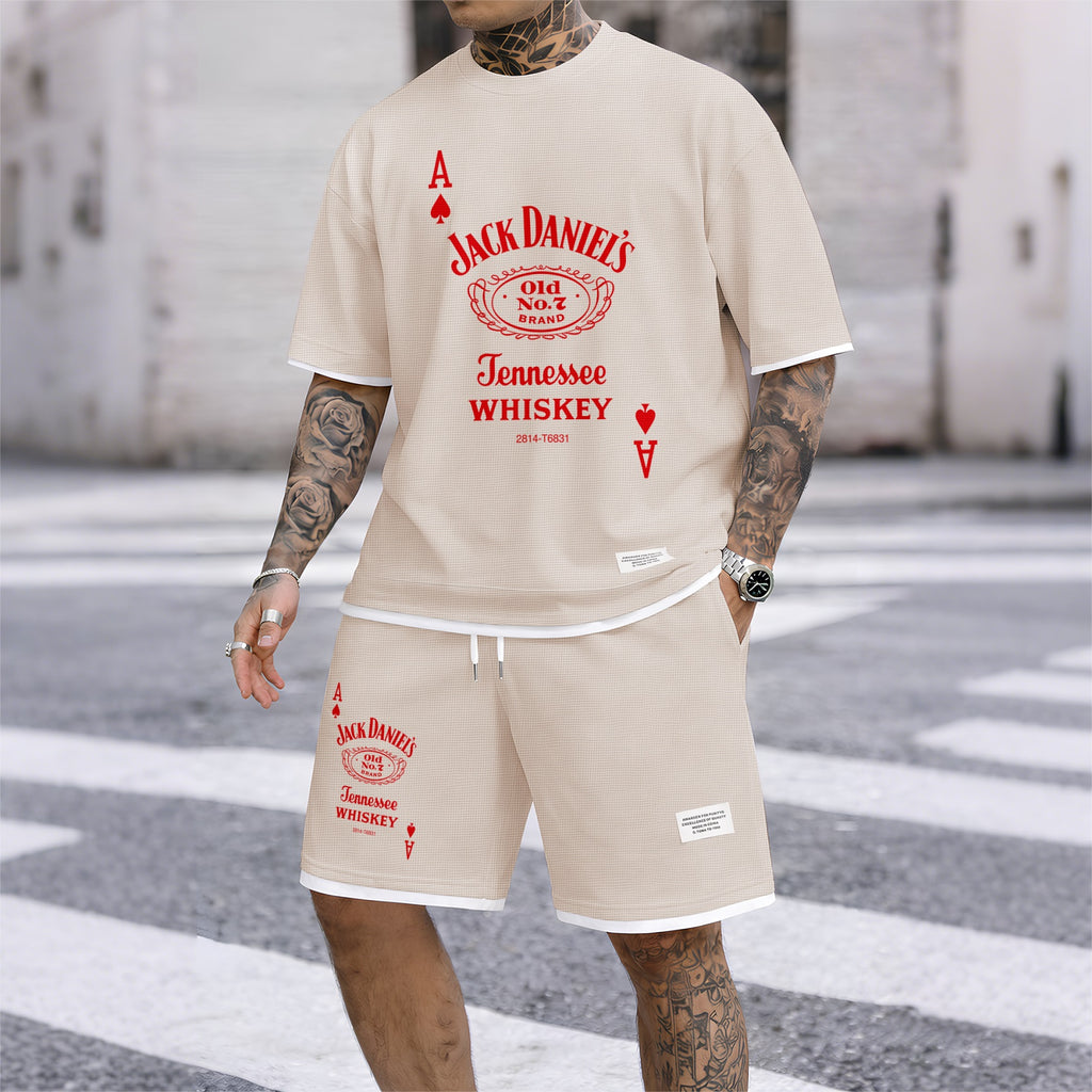 Men's Beer And Beverage Printed Drawstring Shorts Set, Suitable For Spring And Summer Wear, Casual Summer Set, Including Short-Sleeved Shirt And Shorts, Suitable For Everyday Wear And Sports 013