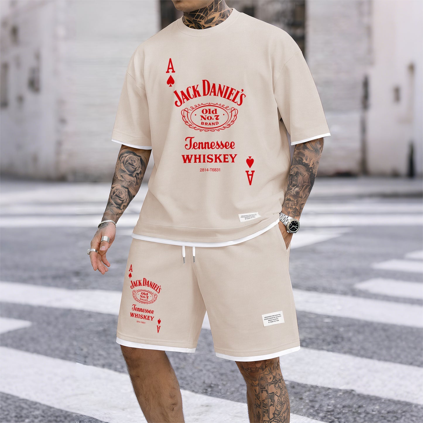 Men's Beer And Beverage Printed Drawstring Shorts Set, Suitable For Spring And Summer Wear, Casual Summer Set, Including Short-Sleeved Shirt And Shorts, Suitable For Everyday Wear And Sports 013