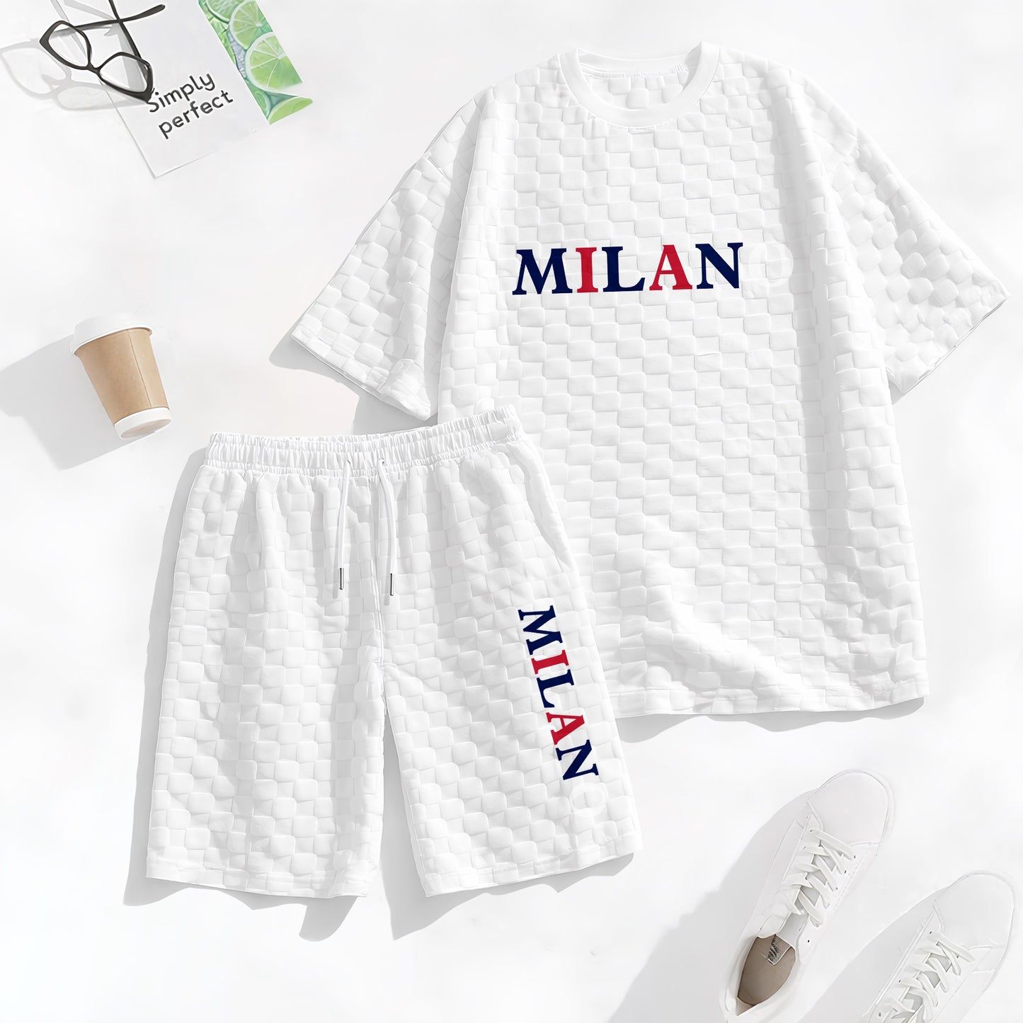 Men's Spring and Summer 'MILANO' Letter Print Checkered Fabric Drawstring Shorts Set, Casual Summer Outfit with Short-Sleeved Shirt and Shorts, Ideal for Everyday Wear and Sports Activities