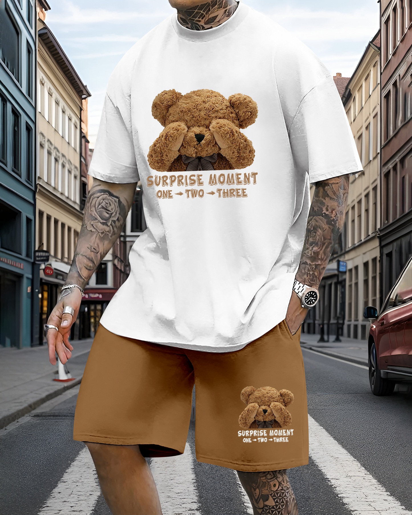 Men's casual fun bear print shorts set 608