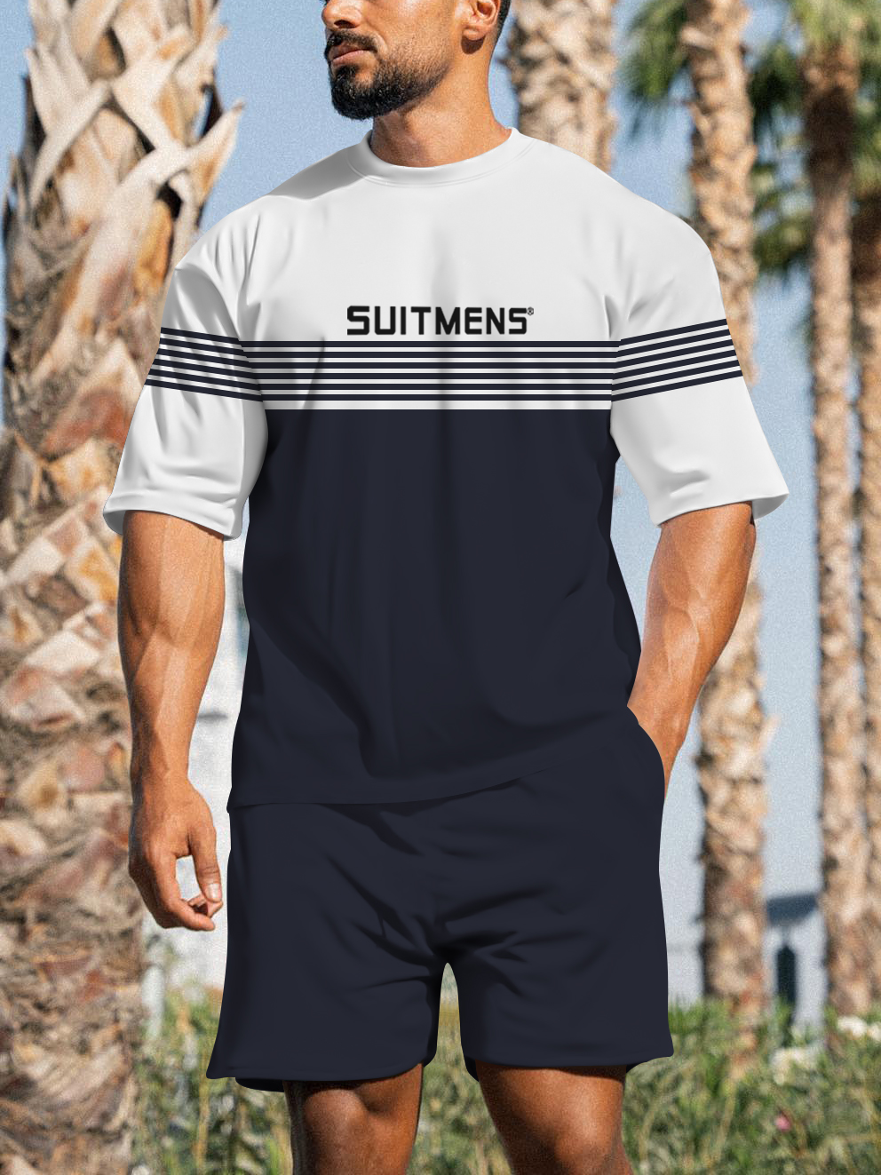 Suitemns Men's Casual Sports Street Simple Color Block Printed Shorts Suit 029