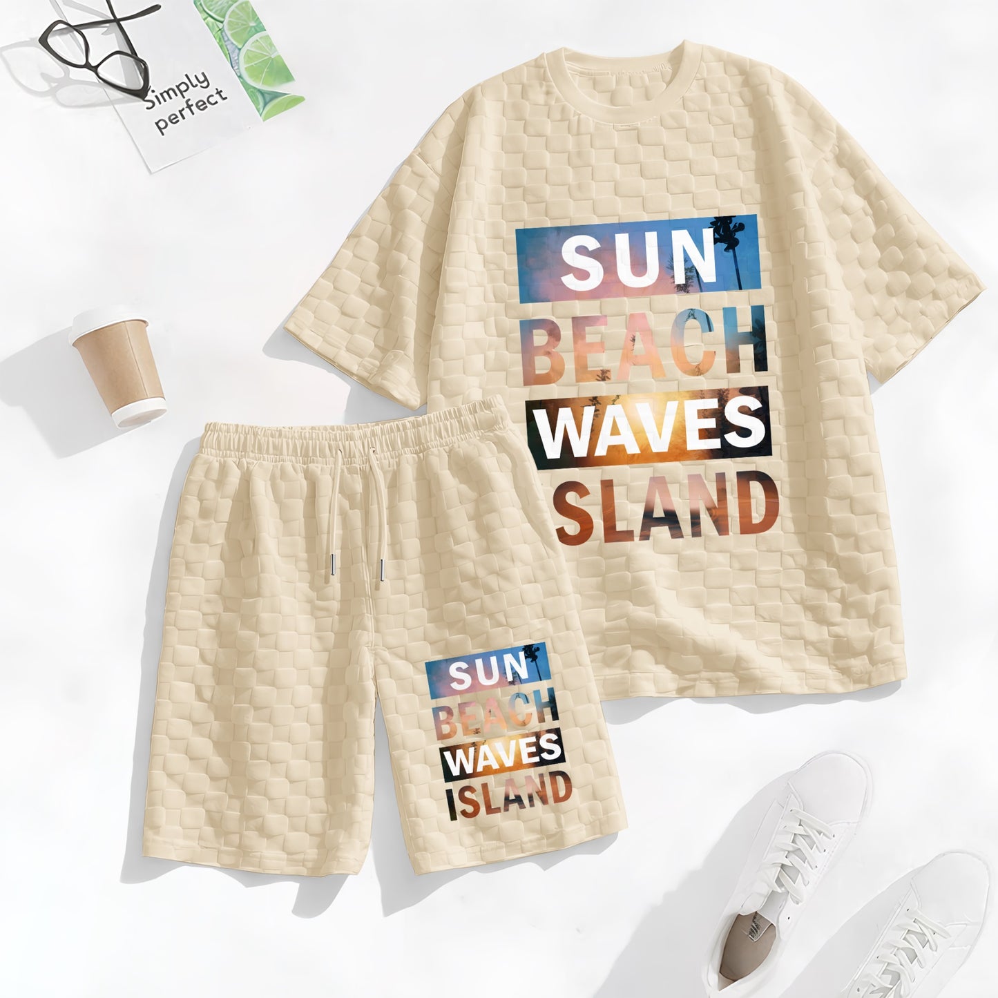 Men's Resort Print Spring And Summer Drawstring Shorts Set, A Casual Summer Outfit, Including A Short-Sleeved Shirt And Shorts, Suitable For Everyday Wear And Sports Activities.