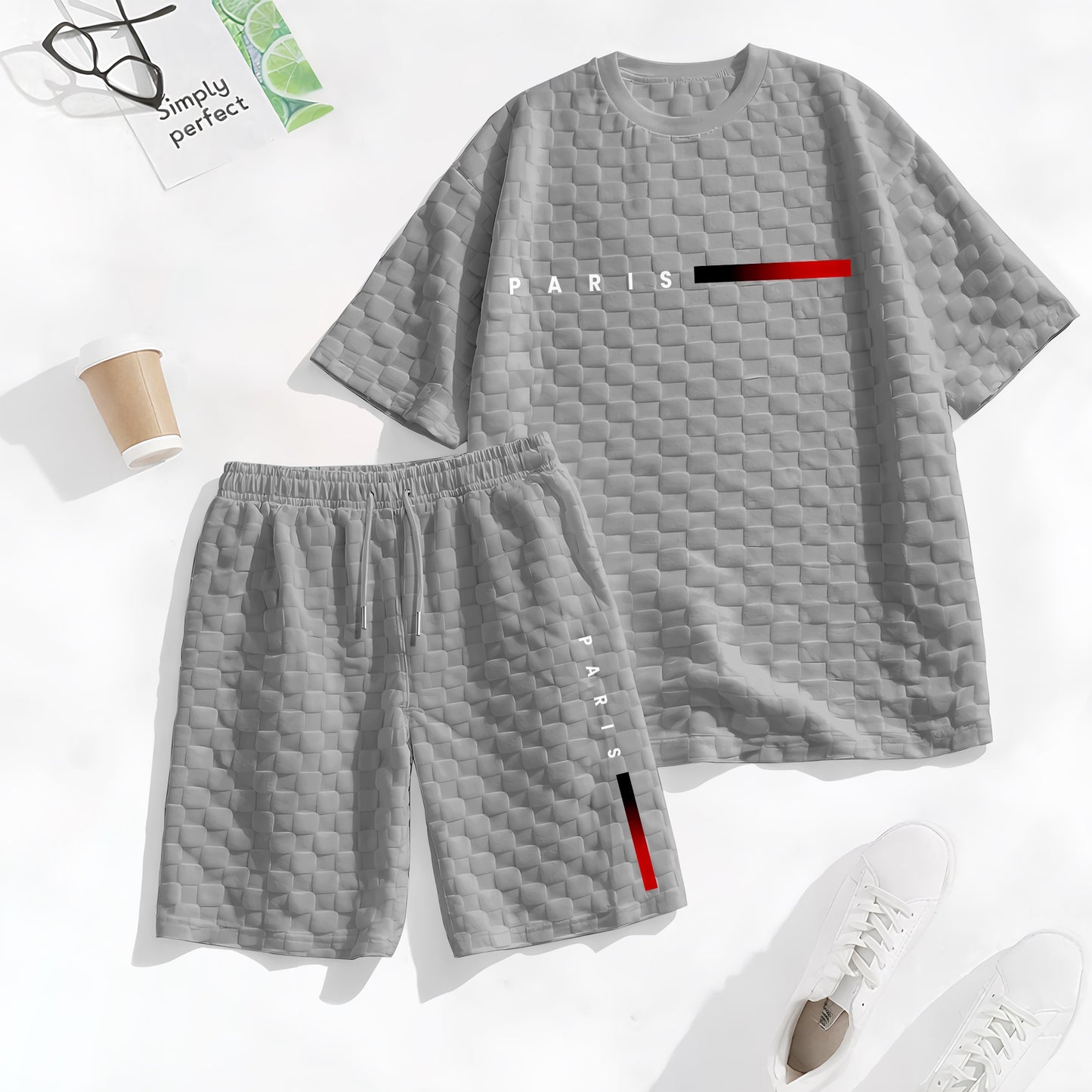 Men's Spring and Summer 'PARIS' Letter Print with Red and Black Line Checkered Fabric Drawstring Shorts Set, Casual Summer Outfit with Short-Sleeved Shirt and Shorts, Ideal for Everyday Wear and Sports Activities