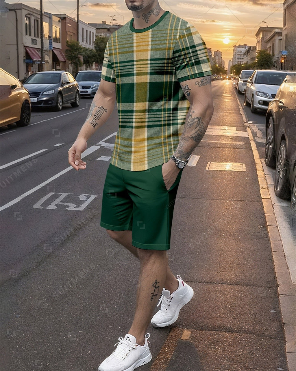 Men's Summer Colorblock Printed Round Neck Set 767
