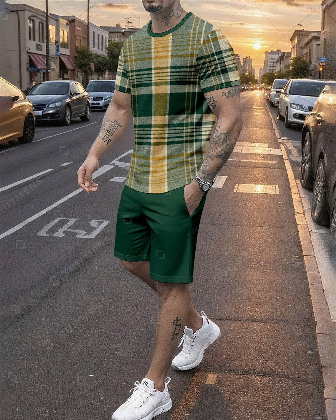 Men's Summer Colorblock Printed Round Neck Set 767
