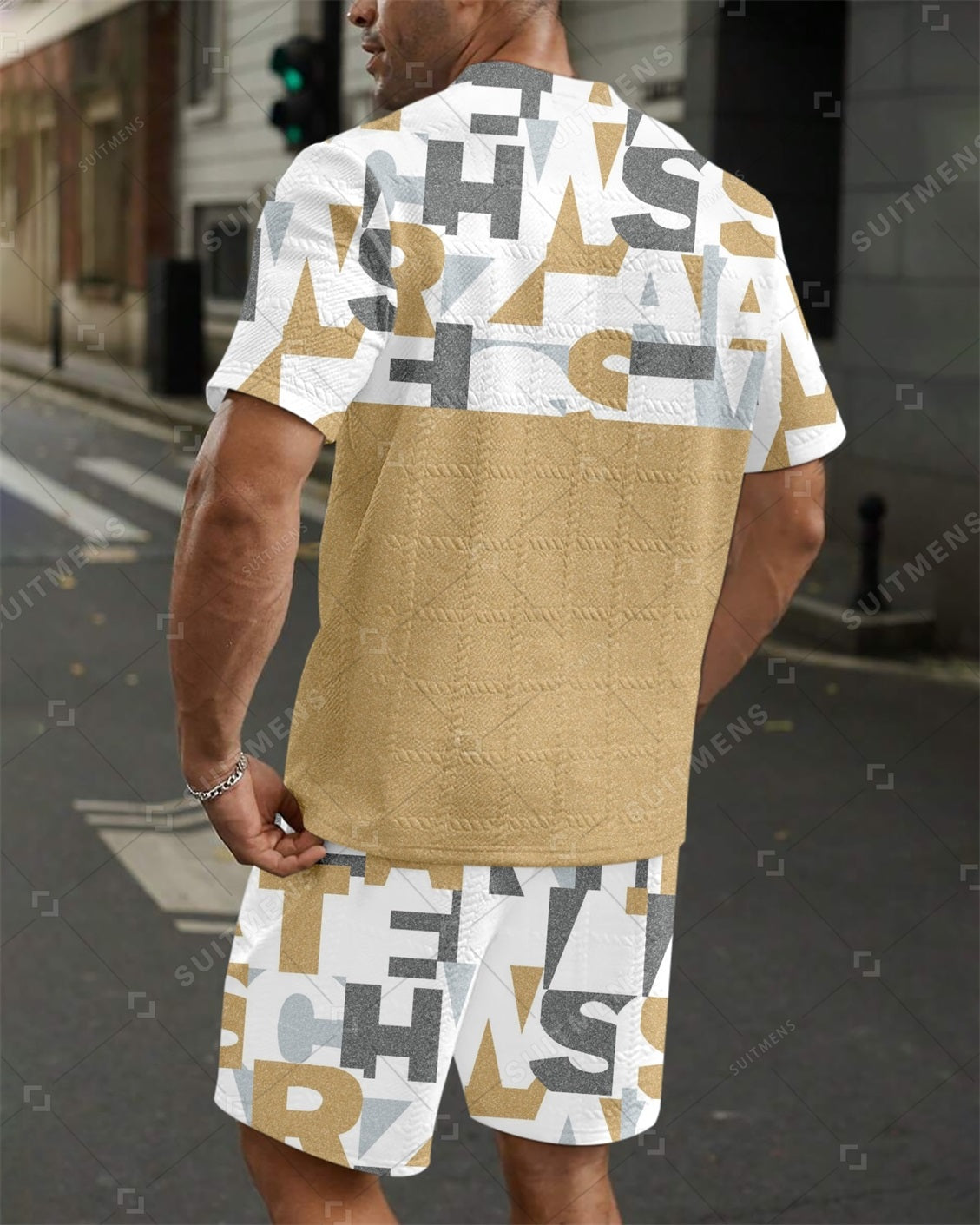 Men's Jacquard Textured Color Block Printed Short Sleeve Shorts Set 003