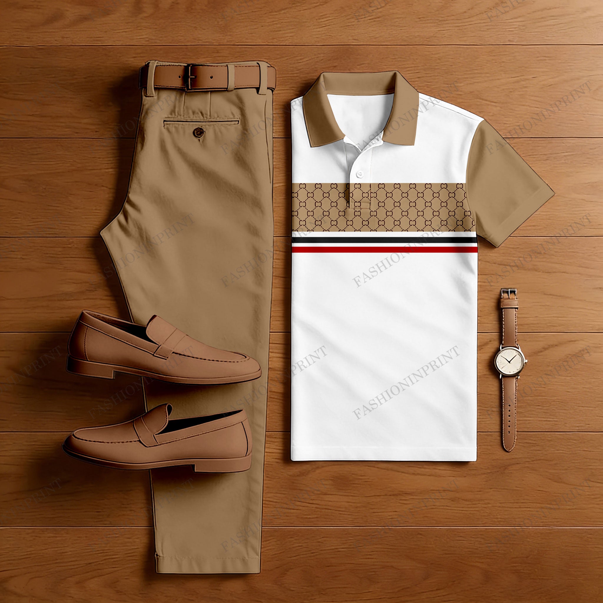 Men's Casual White &Brown Striped Printed Short-Sleeved Shirt And Shorts Two-Piece Set
