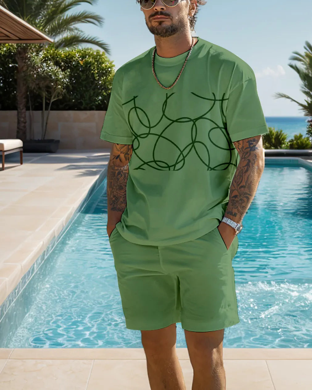 Men's color block printed shorts set 473