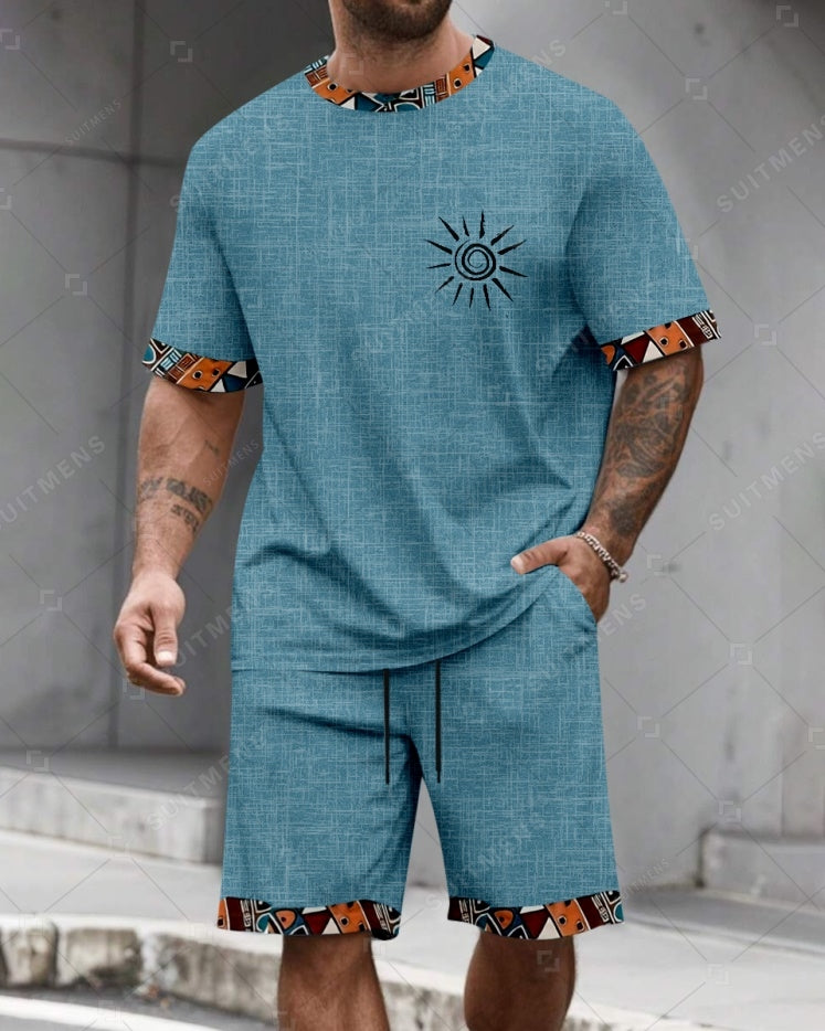Men's Summer Colorblock Printed Round Neck Suit 085