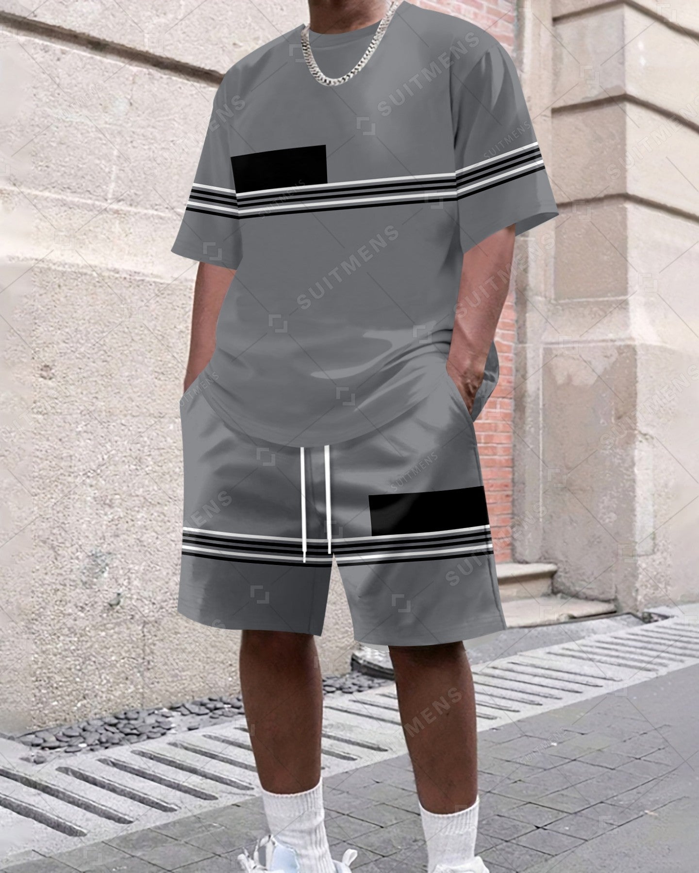 Men's Summer Colorblock Printed Round Neck Set 418