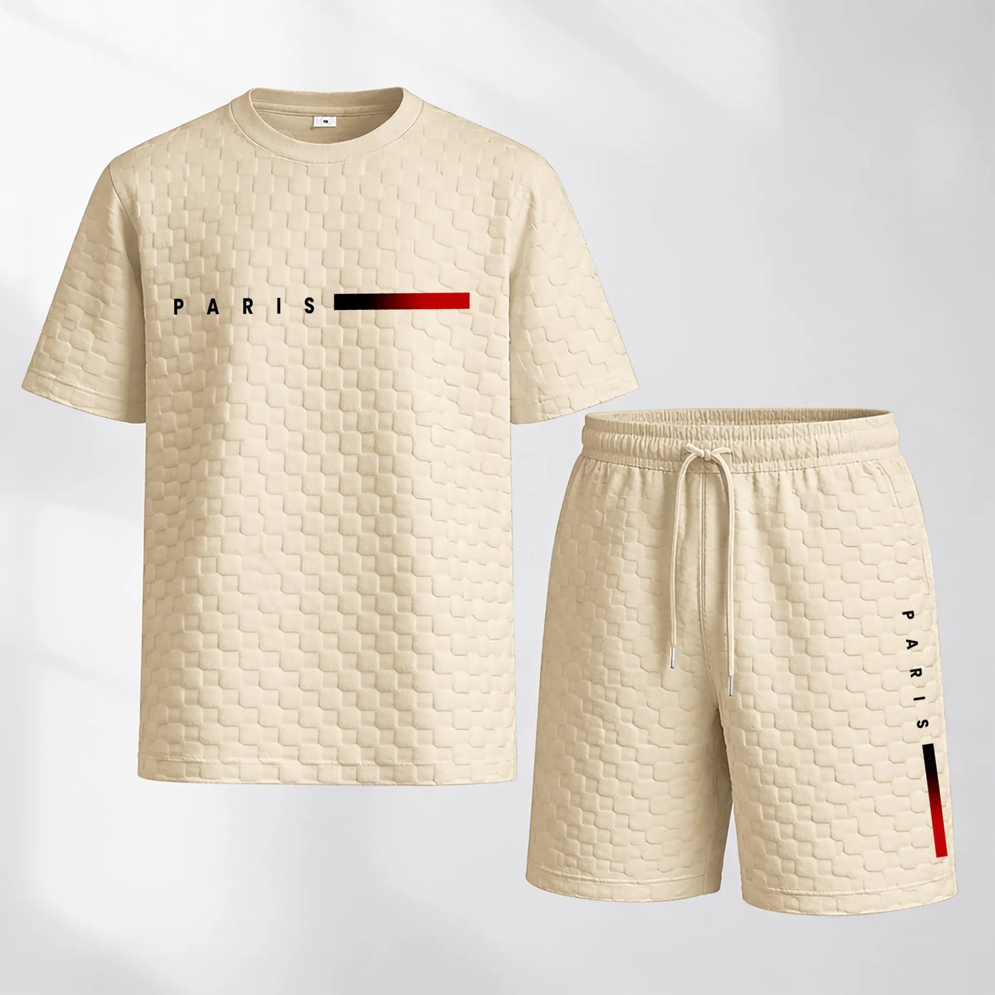 Men's Spring and Summer 'PARIS' Letter Print with Red and Black Line Checkered Fabric Drawstring Shorts Set, Casual Summer Outfit with Short-Sleeved Shirt and Shorts, Ideal for Everyday Wear and Sports Activities
