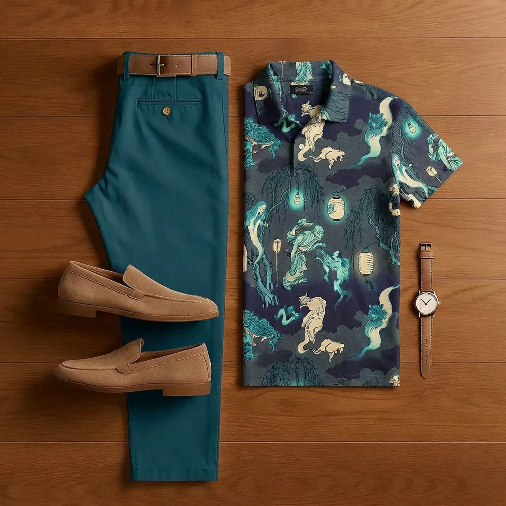 Men's Retro Royal Green Printed Short-Sleeve Shirt And Trousers Two-Piece Set 203534