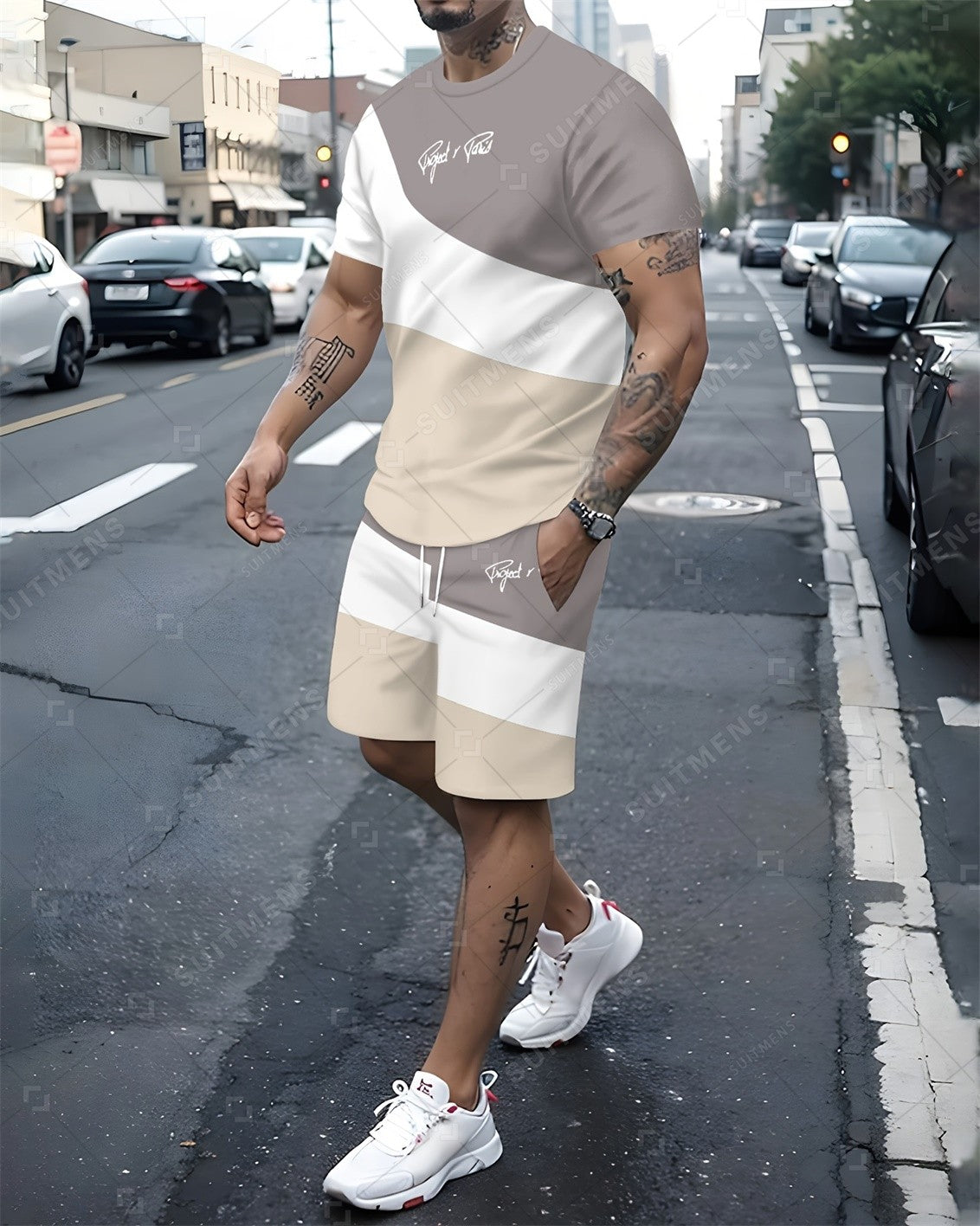 Men's Summer Retro Printed Round Neck Set 924