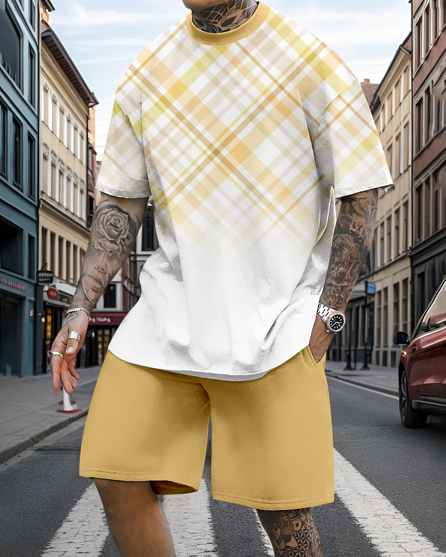 Men's casual colorblock print shorts set 599