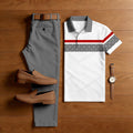 Men's Casual Gray & White Checkered Printed Polo Shirt And Pants Two-Piece Set