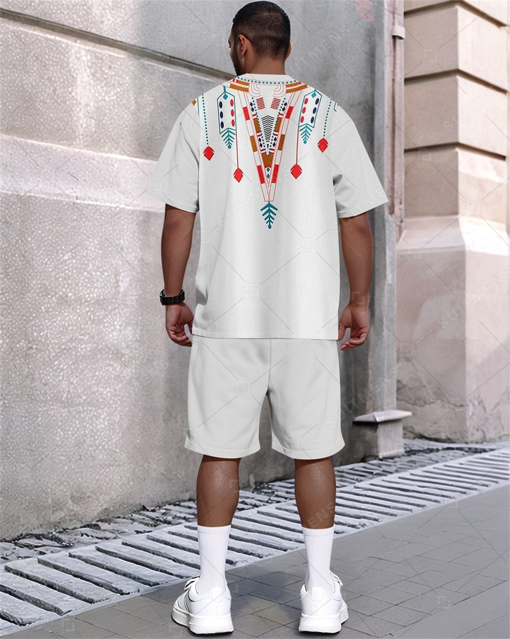 Men's Summer Retro Printed Round Neck Set 823