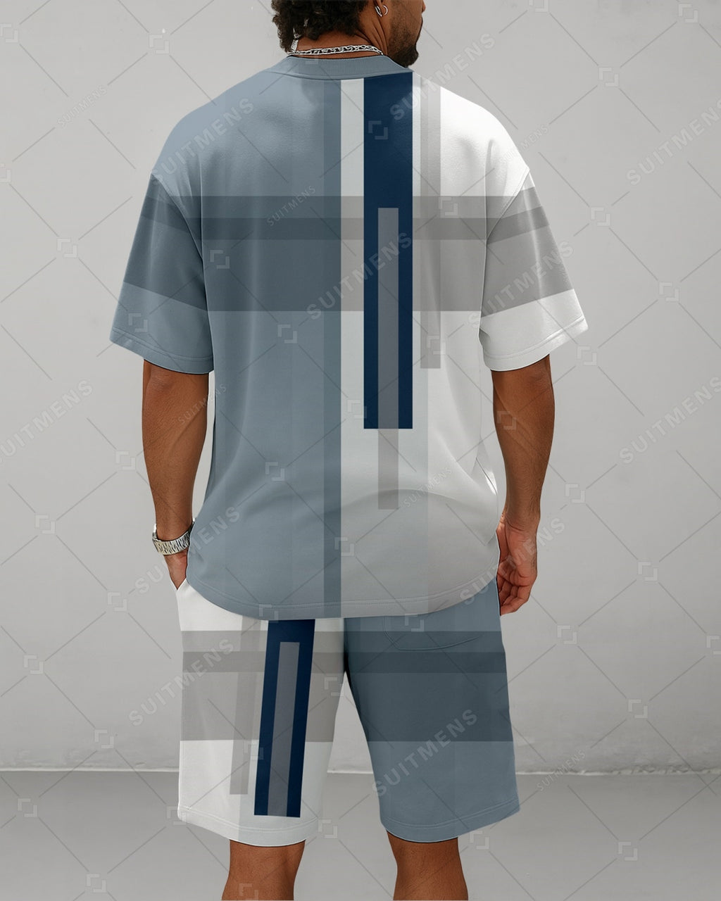 Men's Summer Colorblock Printed Round Neck Suit 067