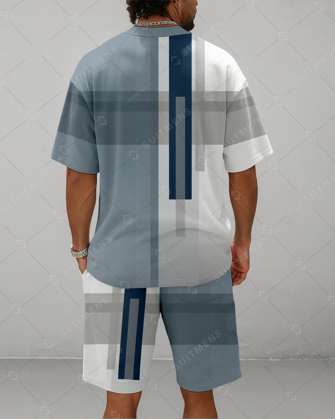 Men's Summer Colorblock Printed Round Neck Suit 067