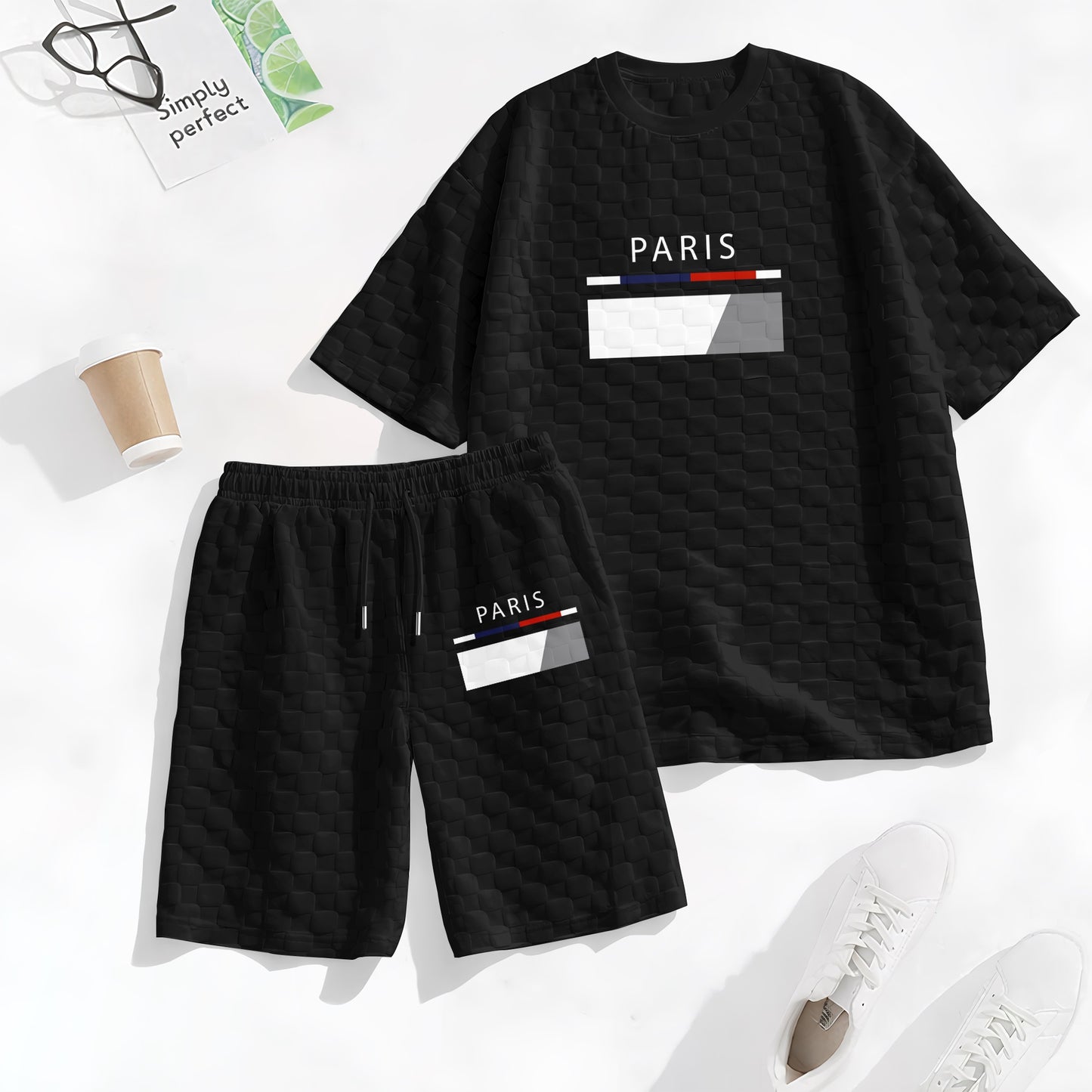 Men's Spring and Summer Paris Letter Print Checkered Fabric Drawstring Shorts Set, Casual Summer Outfit with Short-Sleeved Shirt and Shorts, Ideal for Everyday Wear and Sports Activities