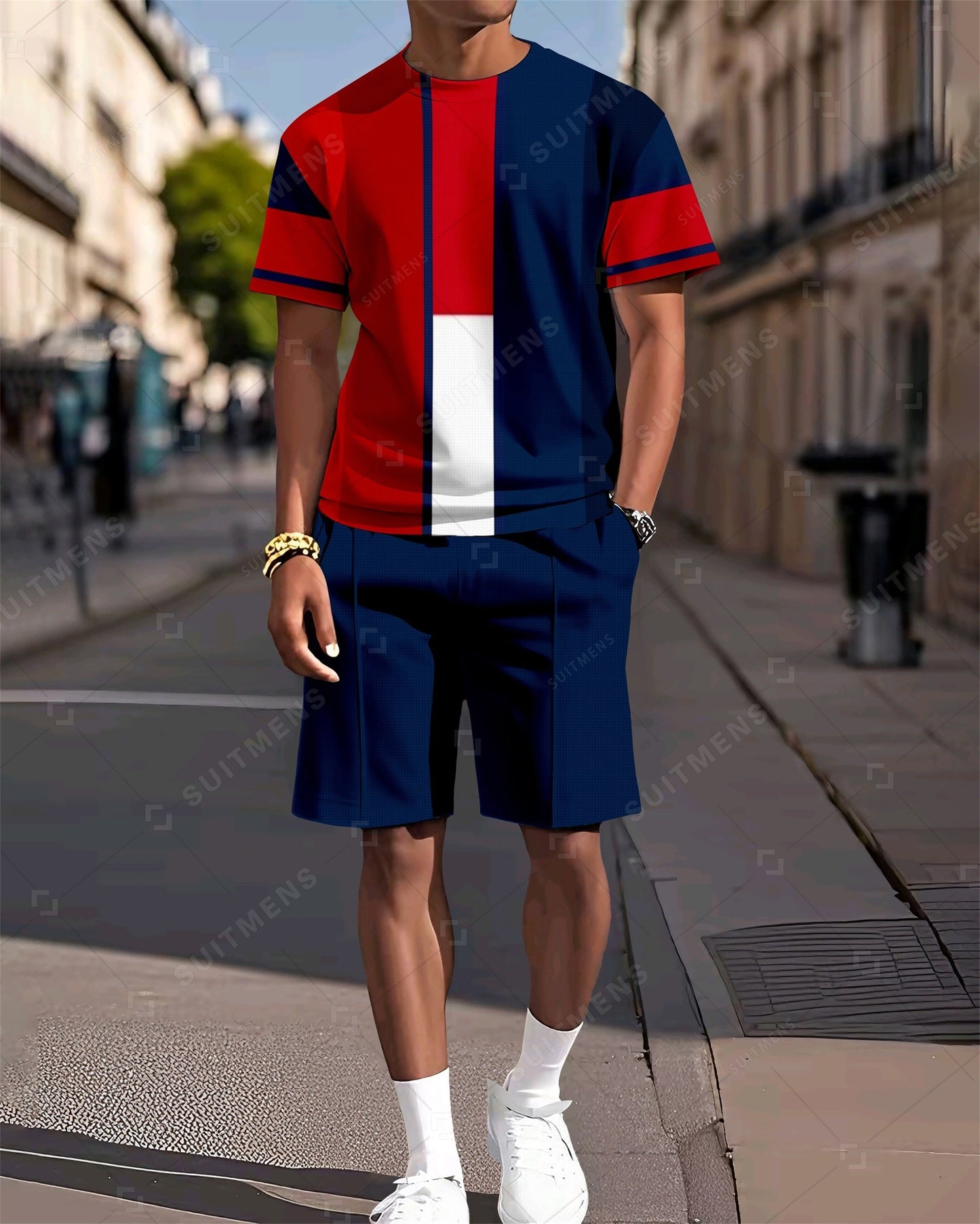 Men's Colorblock Printed Casual Summer Round Neck Set 2028
