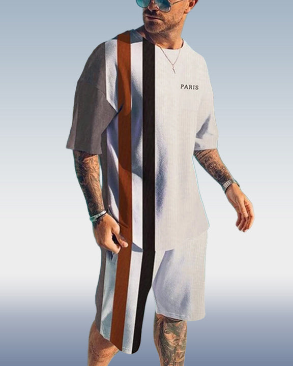 Men's casual color matching printed shorts set 414