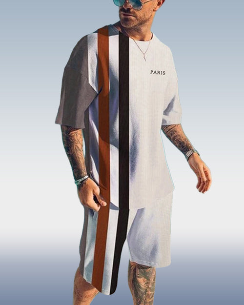 Men's casual color matching printed shorts set 414