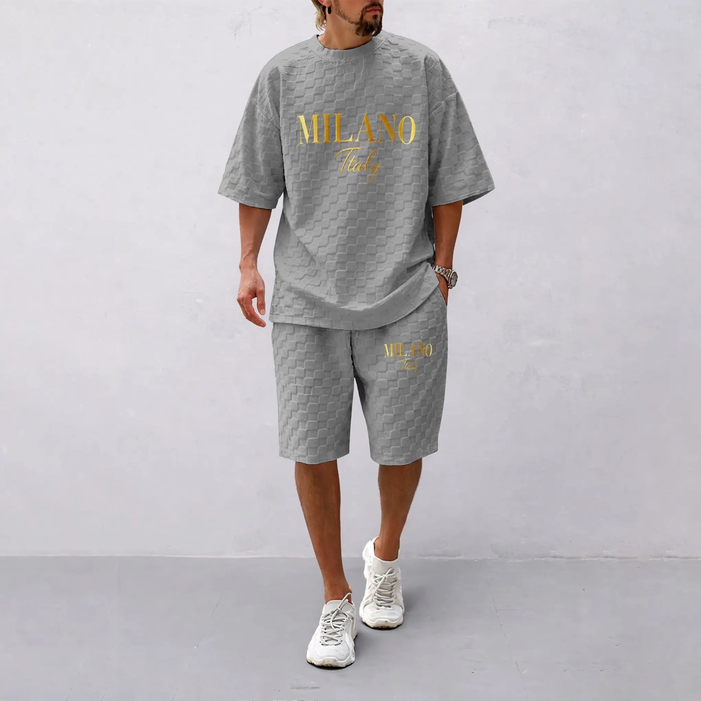 Men's Spring and Summer 'MILANO Italy' Letter Print Checkered Fabric Drawstring Shorts Set, Casual Summer Outfit with Short-Sleeved Shirt and Shorts, Ideal for Everyday Wear and Sports Activities