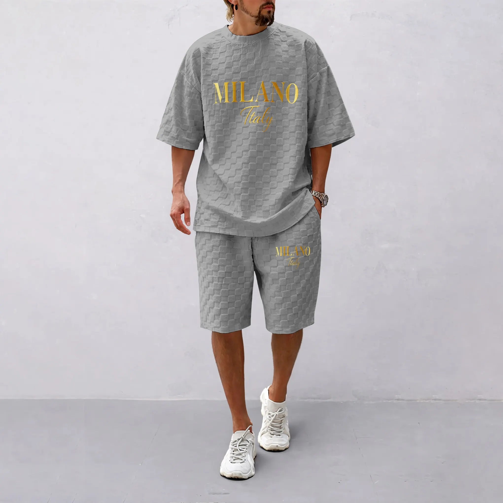 Men's Spring and Summer 'MILANO Italy' Letter Print Checkered Fabric Drawstring Shorts Set, Casual Summer Outfit with Short-Sleeved Shirt and Shorts, Ideal for Everyday Wear and Sports Activities