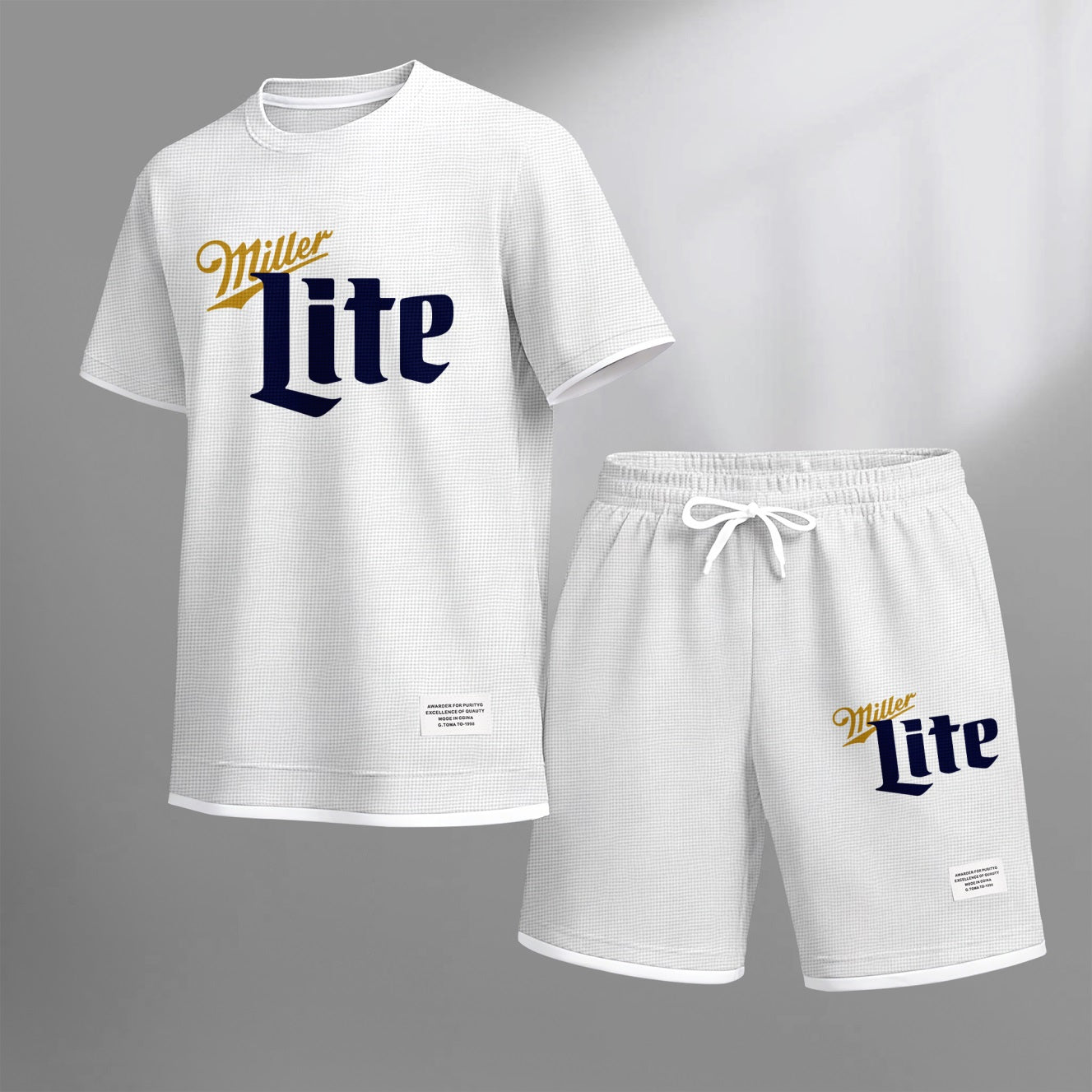 Men's Low-Calorie Beer Print Waffle Fabric Short-Sleeved Shirt And Shorts Set
