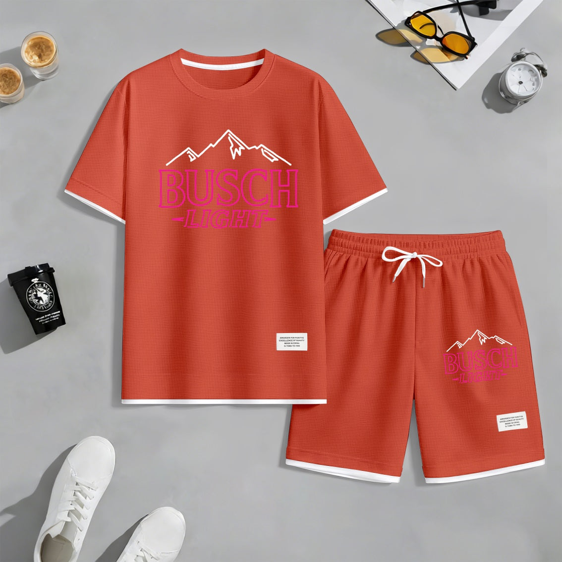 Men's Light-Flavored Beer Print Waffle Fabric Short-Sleeved Shirt And Shorts Set