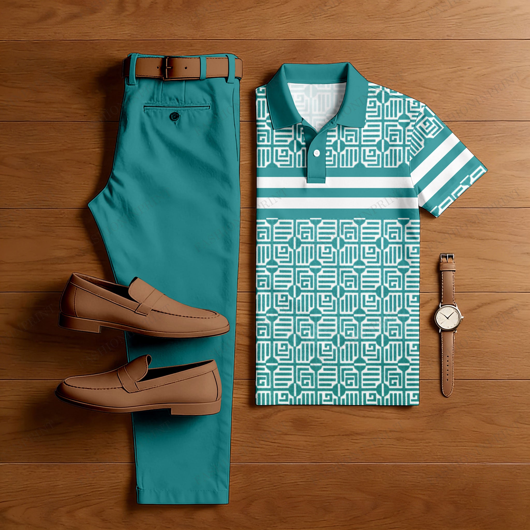 Men's Casual Dark Green Plaid Printed Polo Shirt And Trousers Two-Piece Set