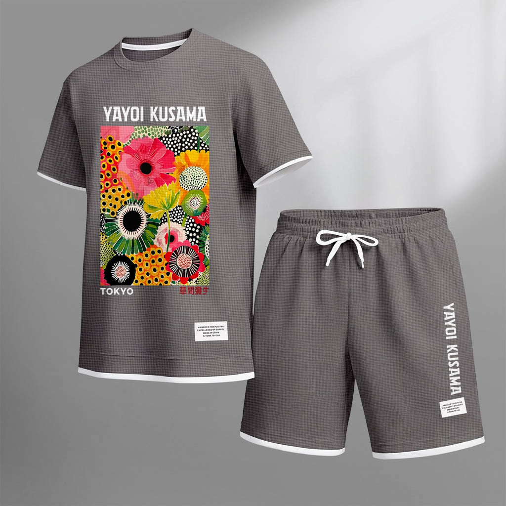 Men's Polka-Dot Flower Print Waffle Fabric Short-Sleeved Shirt And Shorts Set