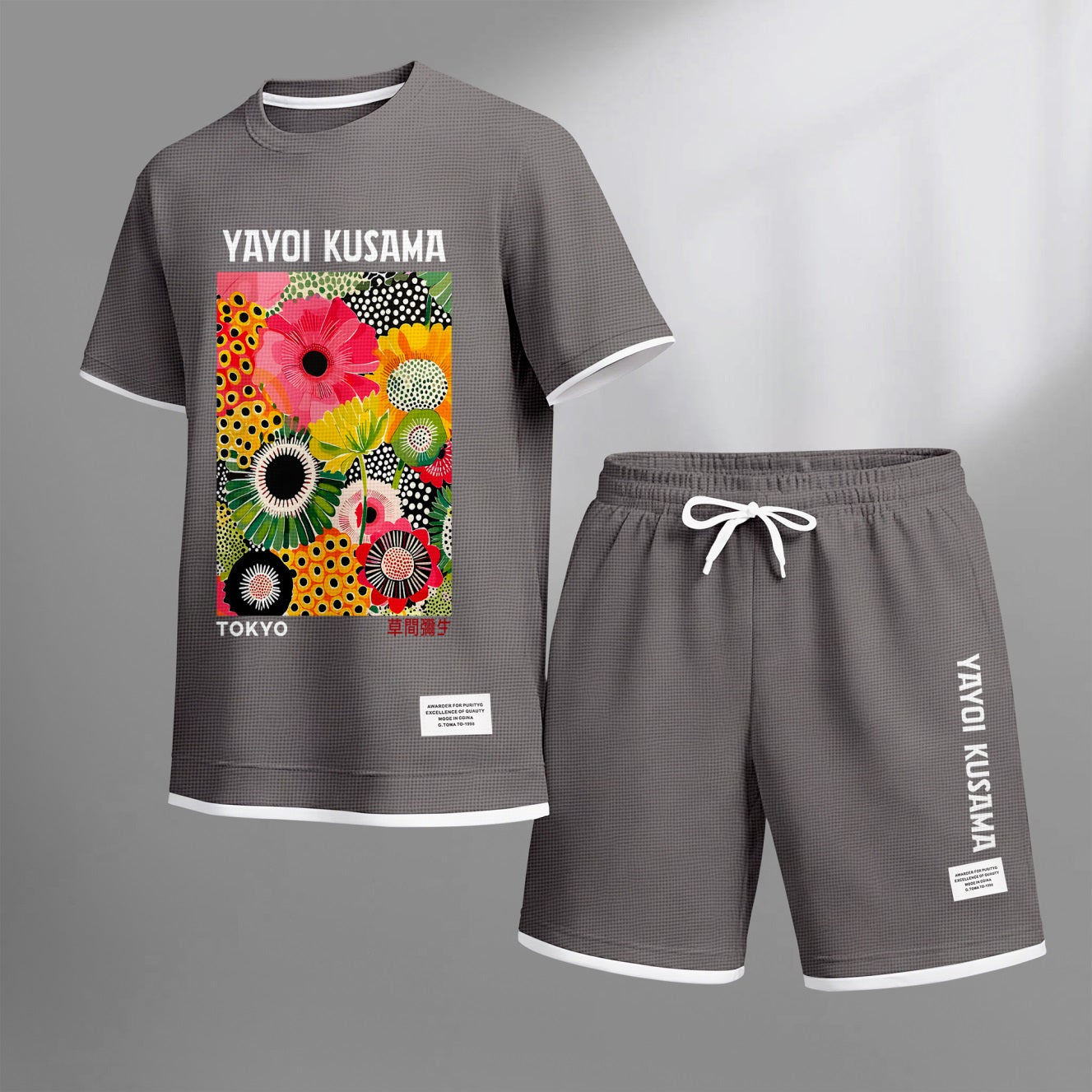 Men's Polka-Dot Flower Print Waffle Fabric Short-Sleeved Shirt And Shorts Set