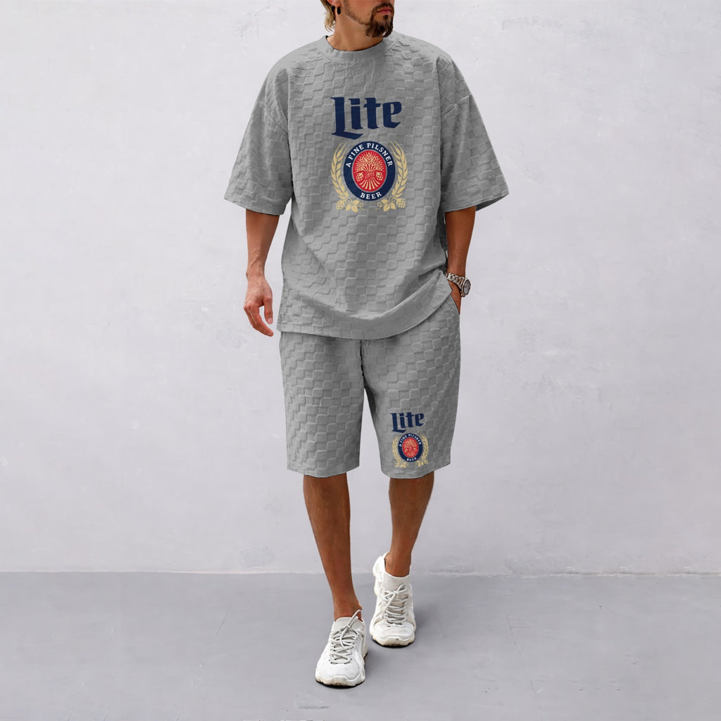 Men's Spring And Summer Vitality Beer Print With Red And Black Line Checkered Fabric Drawstring Shorts Set, Casual Summer Outfit With Short-Sleeved Shirt And Shorts, Ideal For Everyday Wear And Sports Activities
