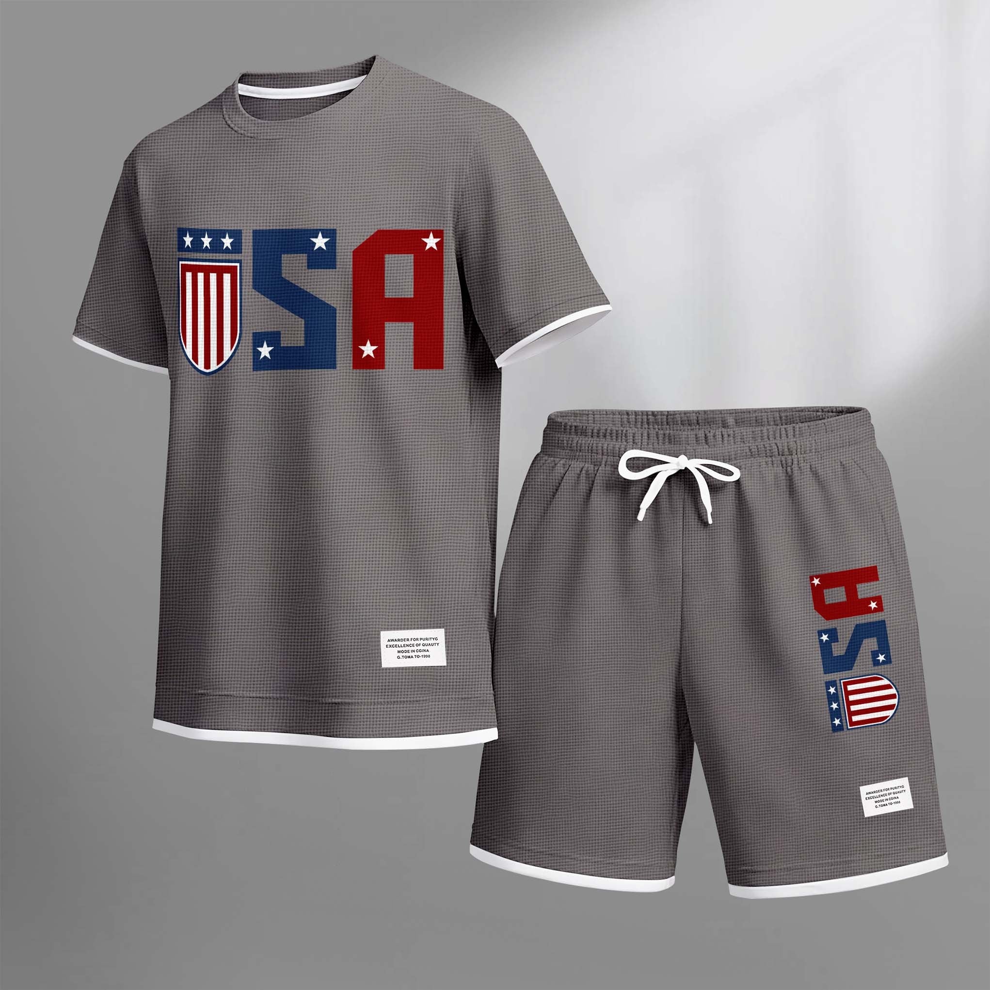 Men's USA Star Print Drawstring Shorts Set For Spring/Summer. A Casual Summer Outfit, Including A Short-Sleeved Shirt And Shorts, Suitable For Everyday Wear And Sports. A Two-Piece Set For A Relaxed And Energetic Lifestyle.