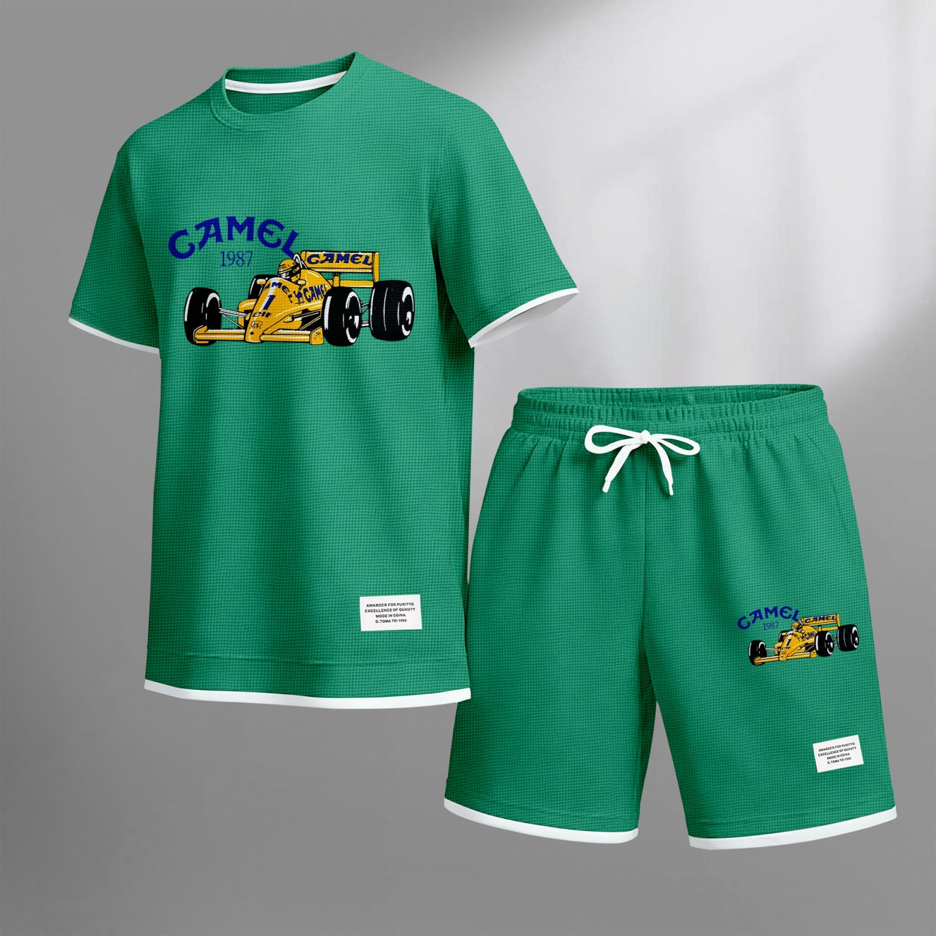 Men's Classic Racing Print Waffle Fabric Short-Sleeved Shirt And Shorts Set 02