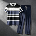 Men's Casual Dark Geometric Print Crew Neck Short-Sleeve Shirt & Long Pants Set With Zipper Detail