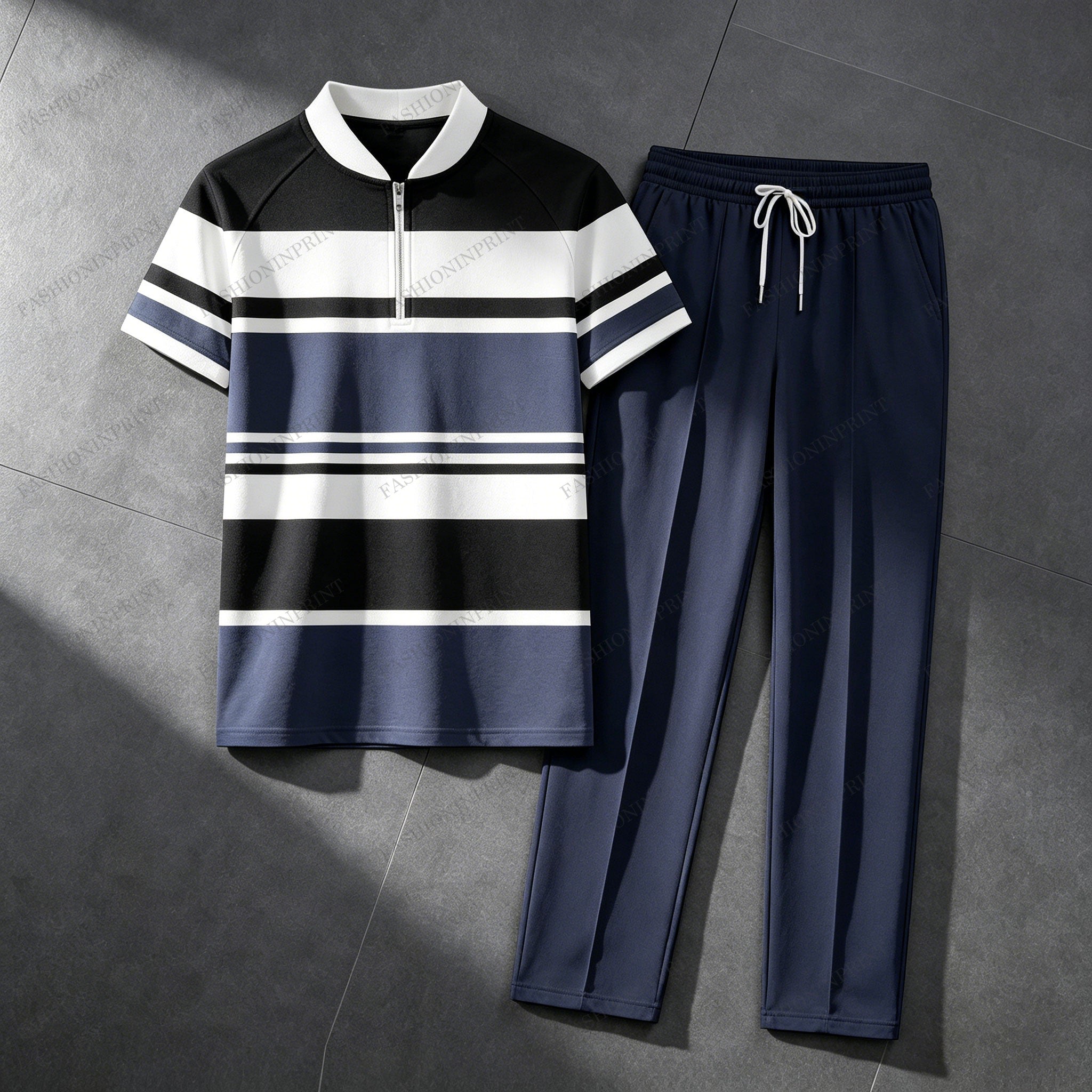 Men's Casual Dark Geometric Print Crew Neck Short-Sleeve Shirt & Long Pants Set With Zipper Detail