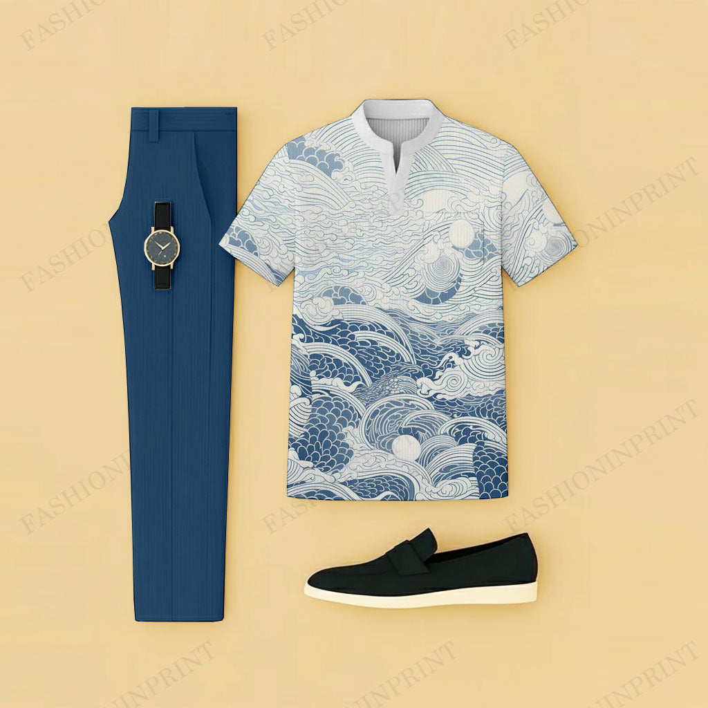 Men's Casual White Waves Printed Short-Sleeve T-Shirt And Pants Two-Piece Set